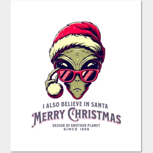 Print Design Christmas Alien Santa Believes Too - Christmas Alien Design Posters and Art